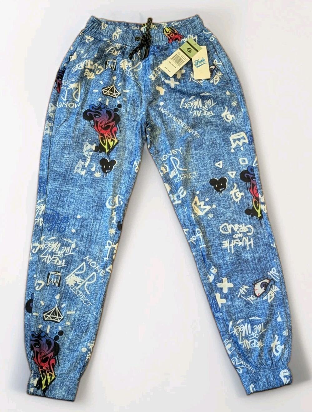 Fresh Prints Bel-Air Mens M Faux Denim Graffiti Jogger Pants 90s Hip Hop NWT